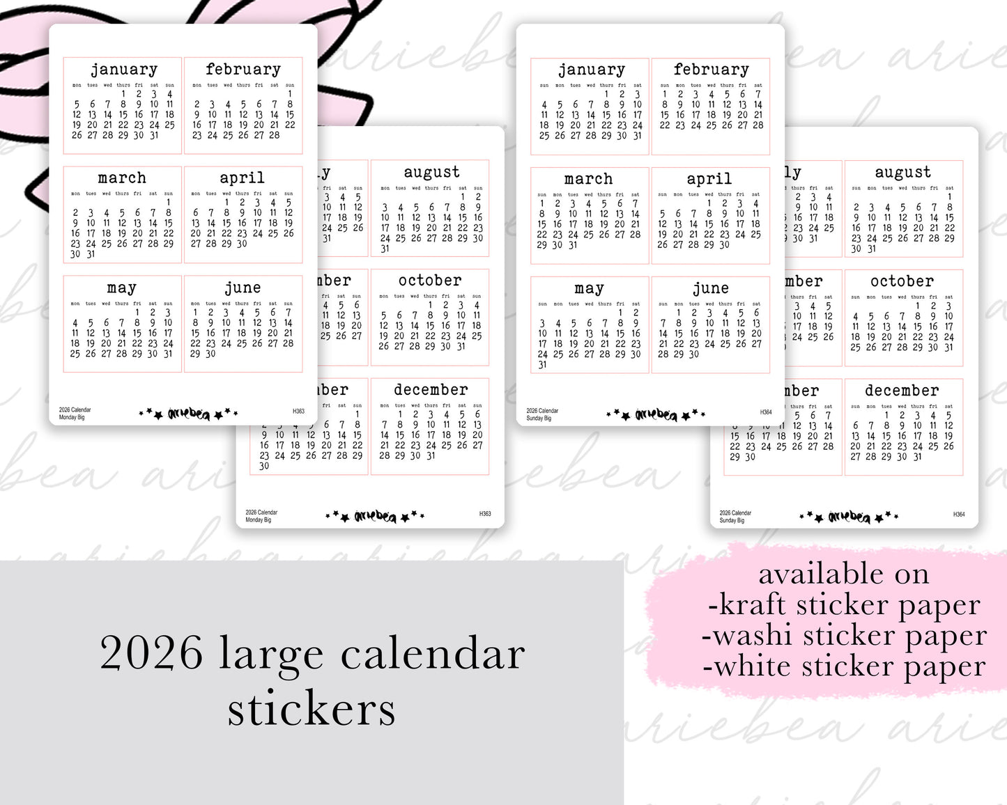 2026 Large Month Calendar Planner Stickers