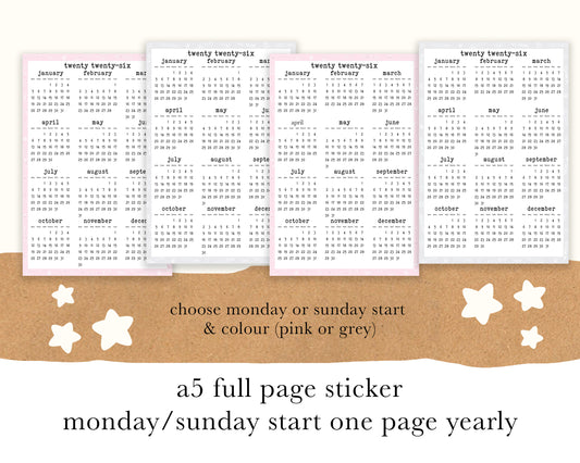 Monday/Sunday Start 2026 Calendar, Year on ONE PAGE | A5, Hobonichi Cousin Full Page Sticker