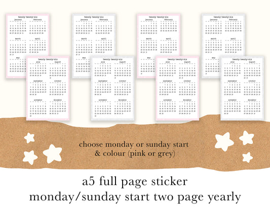 Monday/Sunday Start 2026 Calendar, Year on TWO PAGE | A5, Hobonichi Cousin Full Page Sticker