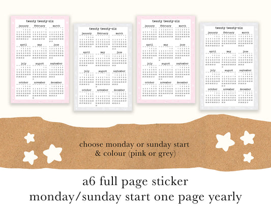 Monday/Sunday Start 2026, Year on ONE PAGE | A6 Hobonichi Full Page Sticker