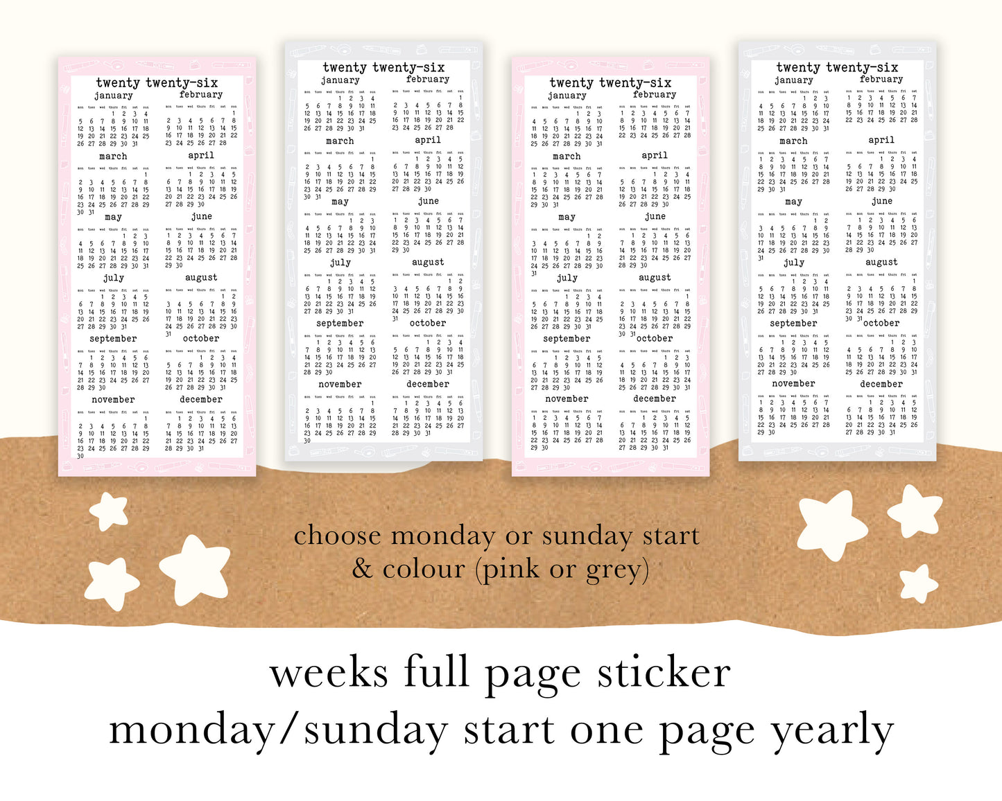 Monday/Sunday Start 2026, Year on ONE PAGE | Weeks Full Page Sticker