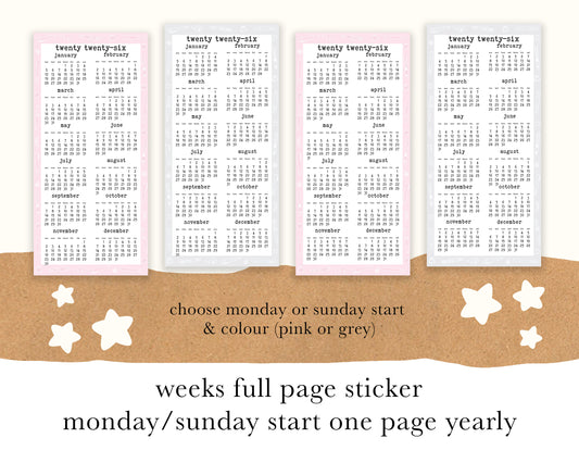 Monday/Sunday Start 2026, Year on ONE PAGE | Weeks Full Page Sticker