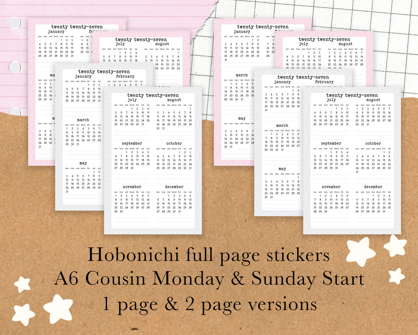 Monday/Sunday Start 2027, Year on TWO PAGE | A6 Hobonichi Full Page Sticker