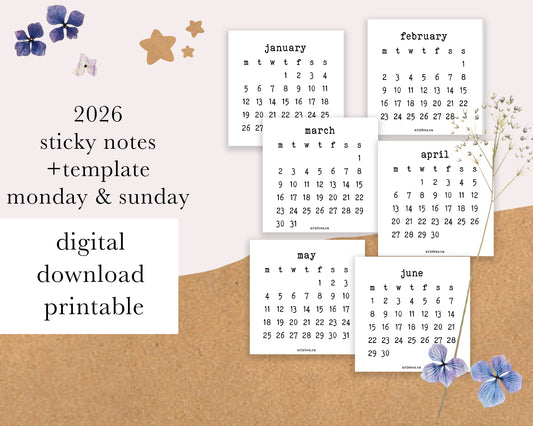 DIGITAL DOWNLOAD 2026 Sticky Notes Calendar with Template | Monday & Sunday Start