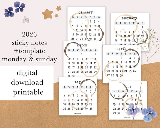DIGITAL DOWNLOAD 2026 Sticky Notes Calendar with Template | ☕️ Coffee Stains | Monday & Sunday Start