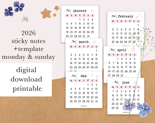 DIGITAL DOWNLOAD 2026 Sticky Notes Calendar with Template | 🎀Pink Bows| Monday & Sunday Start