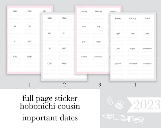 Important Dates 1 page |A5| Full Page Sticker| Anytime Undated