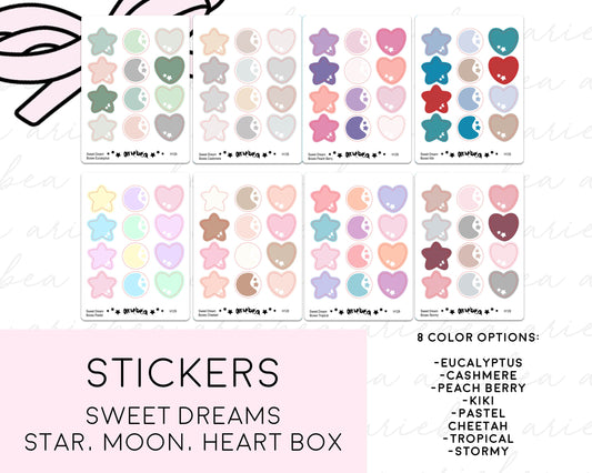 Hobonichi Cousin Weeks Heart, Moon, Star Boxes Sweet Dreams Planner Stickers