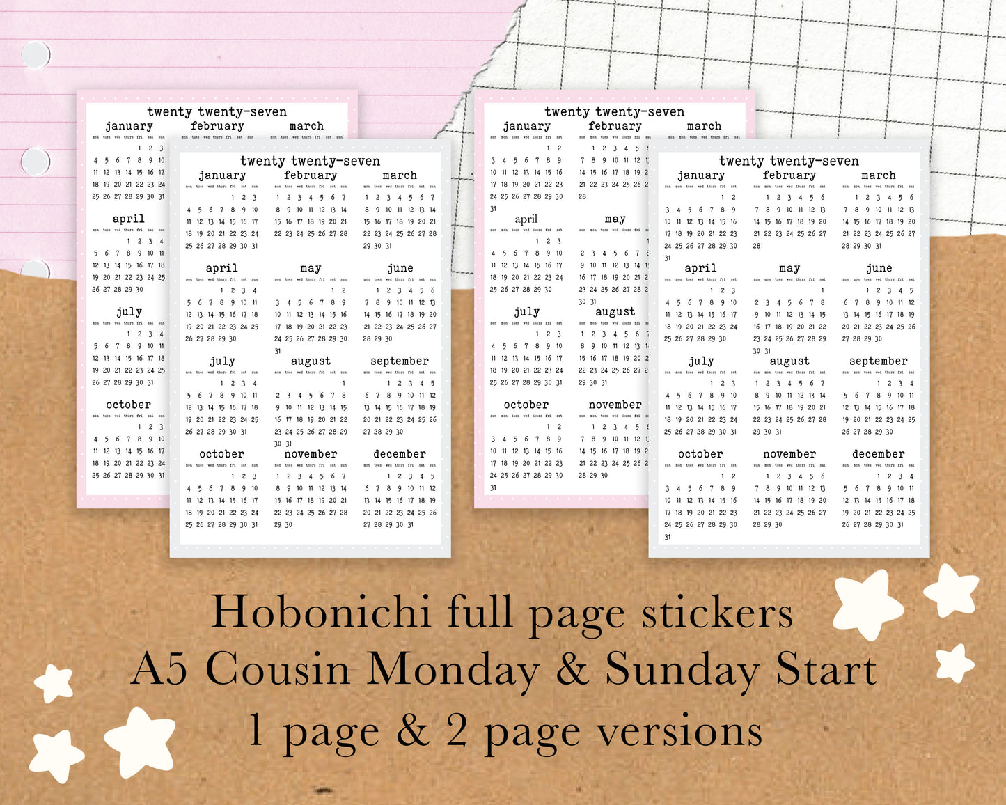 Monday/Sunday Start 2027 Calendar, Year on ONE PAGE | A5, Hobonichi Cousin Full Page Sticker