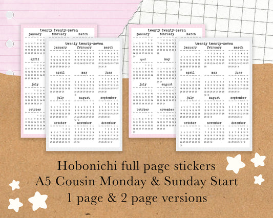Monday/Sunday Start 2027 Calendar, Year on ONE PAGE | A5, Hobonichi Cousin Full Page Sticker