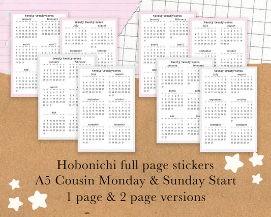 Monday/Sunday Start 2027 Calendar, Year on TWO PAGE | A5, Hobonichi Cousin Full Page Sticker