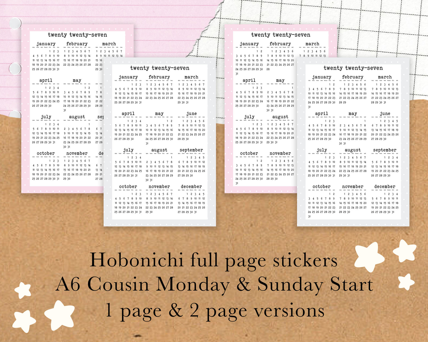 Monday/Sunday Start 2027, Year on ONE PAGE | A6 Hobonichi Full Page Sticker