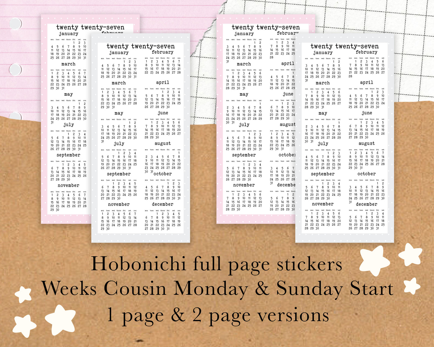 Monday/Sunday Start 2027, Year on ONE PAGE | Weeks Full Page Sticker