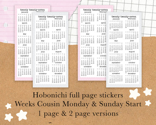 Monday/Sunday Start 2027, Year on ONE PAGE | Weeks Full Page Sticker