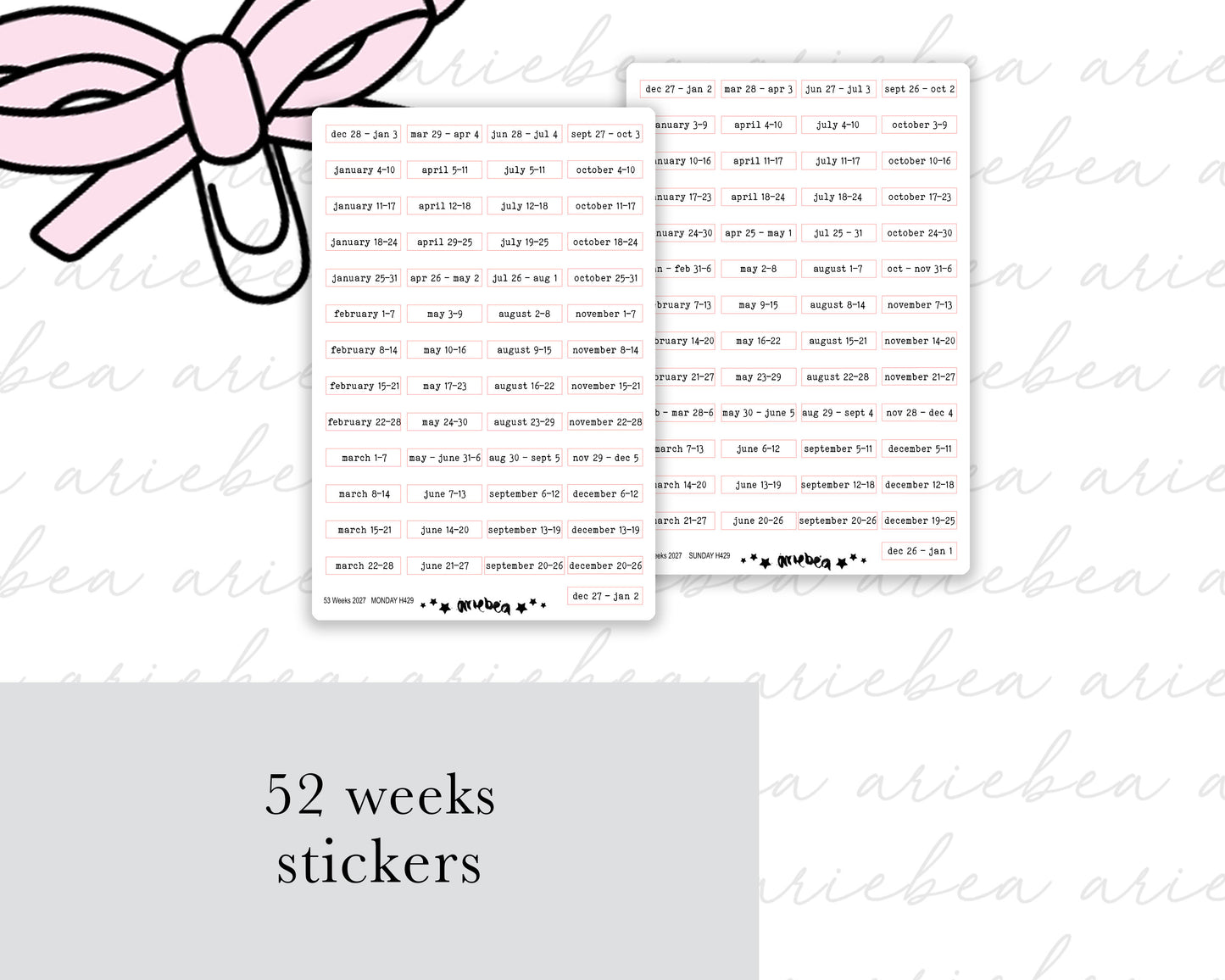 52 Weeks 2027 MONDAY & SUNDAY start Weekly Planner Stickers