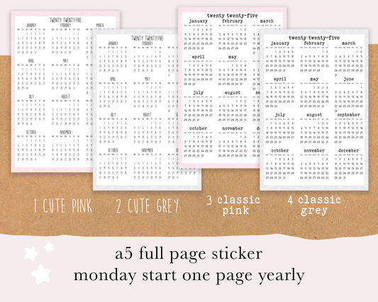 Monday/Sunday Start 2025 Calendar, Year on ONE PAGE | A5, Hobonichi Cousin Full Page Sticker