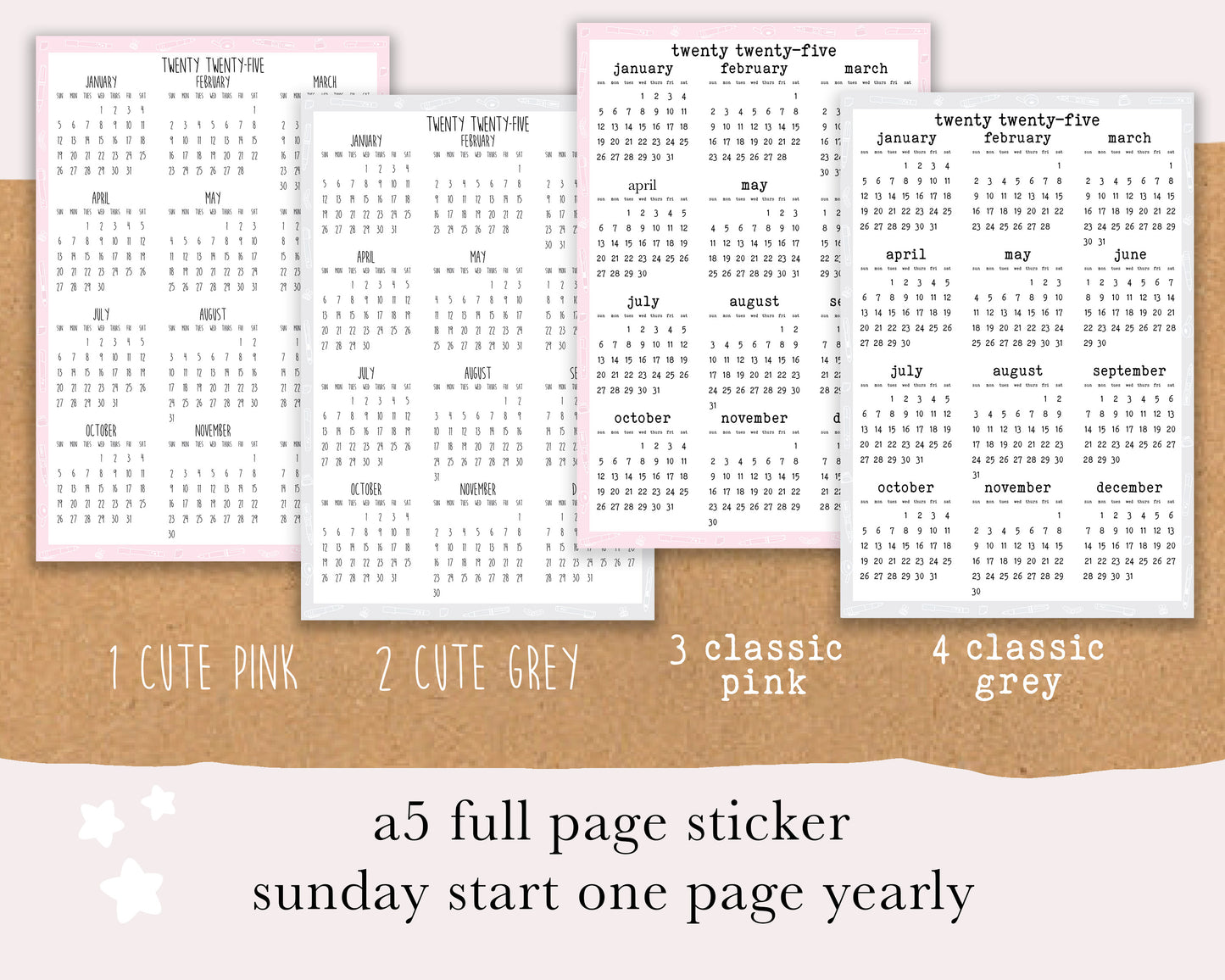 Monday/Sunday Start 2025 Calendar, Year on ONE PAGE | A5, Hobonichi Cousin Full Page Sticker