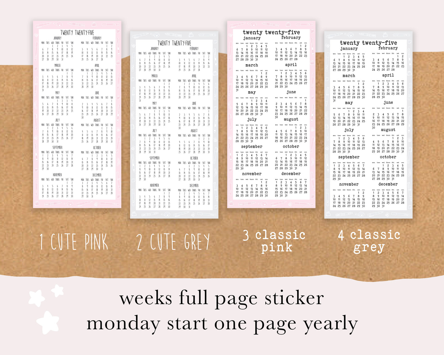 Monday/Sunday Start 2025, Year on ONE PAGE | Weeks Full Page Sticker