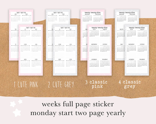 Monday/Sunday Start 2025, Year on TWO PAGE | Weeks Full Page Sticker