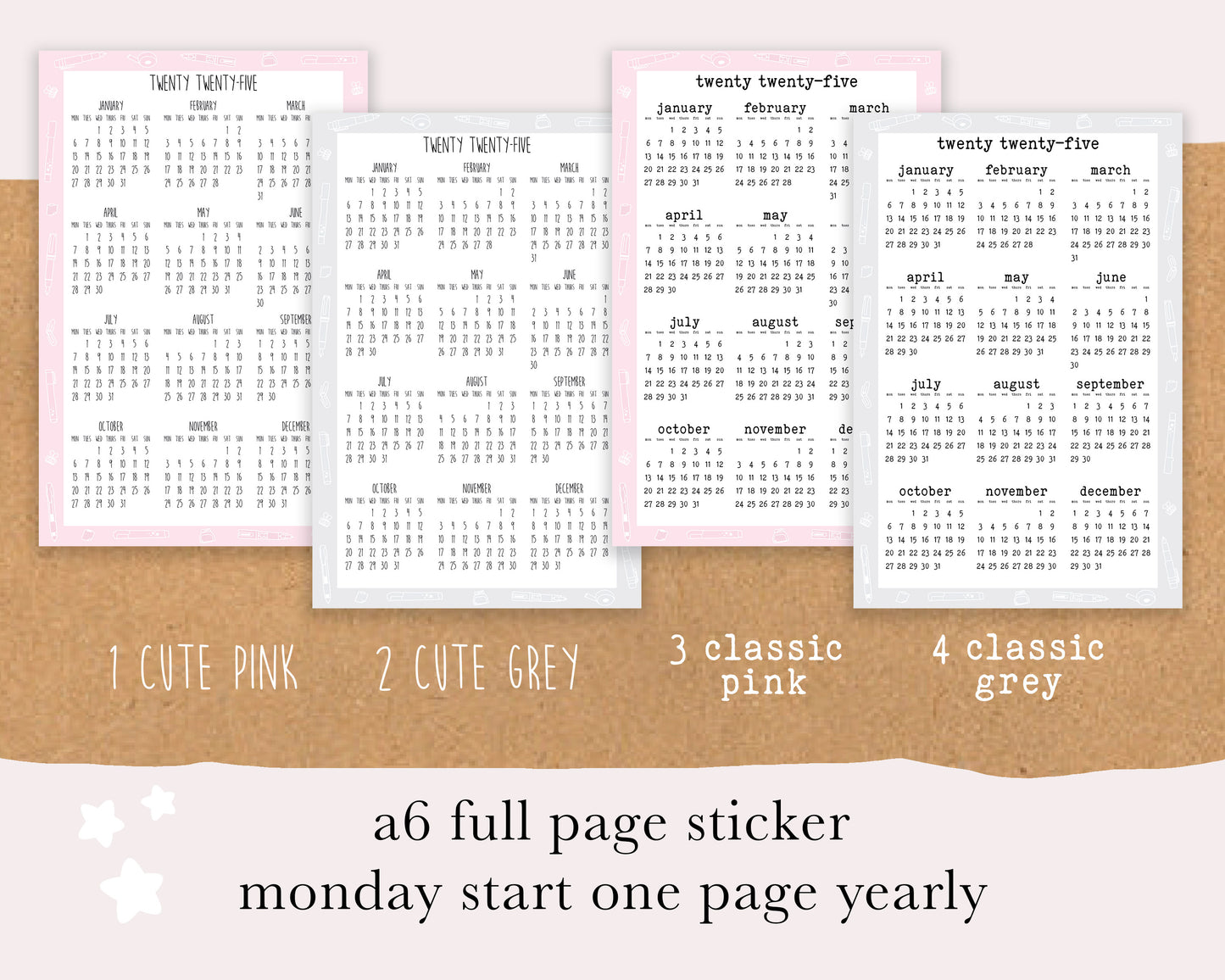 Monday/Sunday Start 2025, Year on ONE PAGE | A6 Hobonichi Full Page Sticker