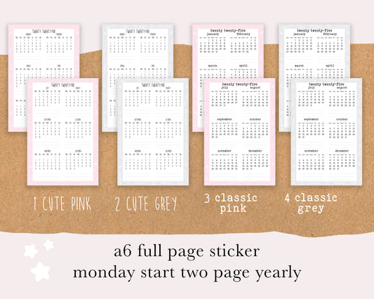 Monday/Sunday Start 2025, Year on TWO PAGE | A6 Hobonichi Full Page Sticker