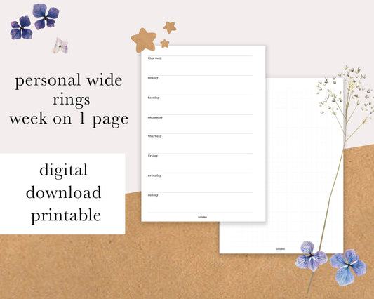 DIGITAL DOWNLOAD Personal Wide Rings | Week on 1 page Grid Printable