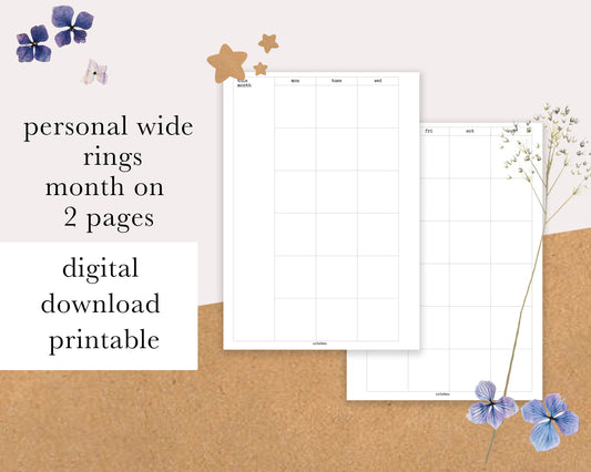 DIGITAL DOWNLOAD Personal Wide Rings | Month on 2 pages Printable