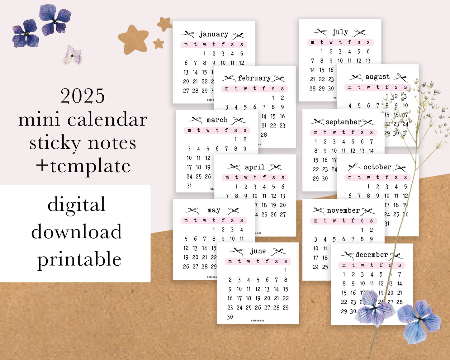 DIGITAL DOWNLOAD 2025 Calendar Monday Start Pink Bows | Sticky Notes with Template