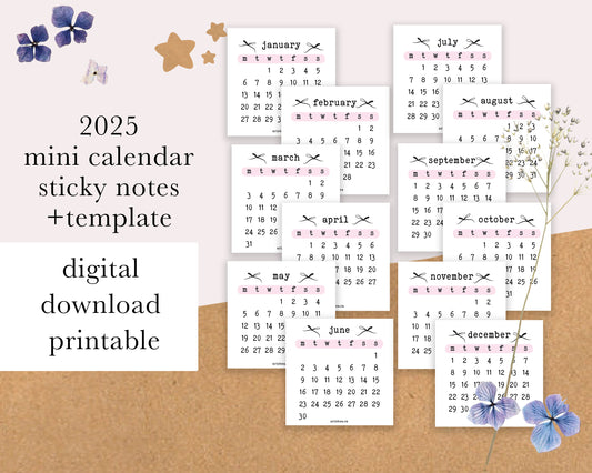 DIGITAL DOWNLOAD 2025 Calendar Monday Start Pink Bows | Sticky Notes with Template