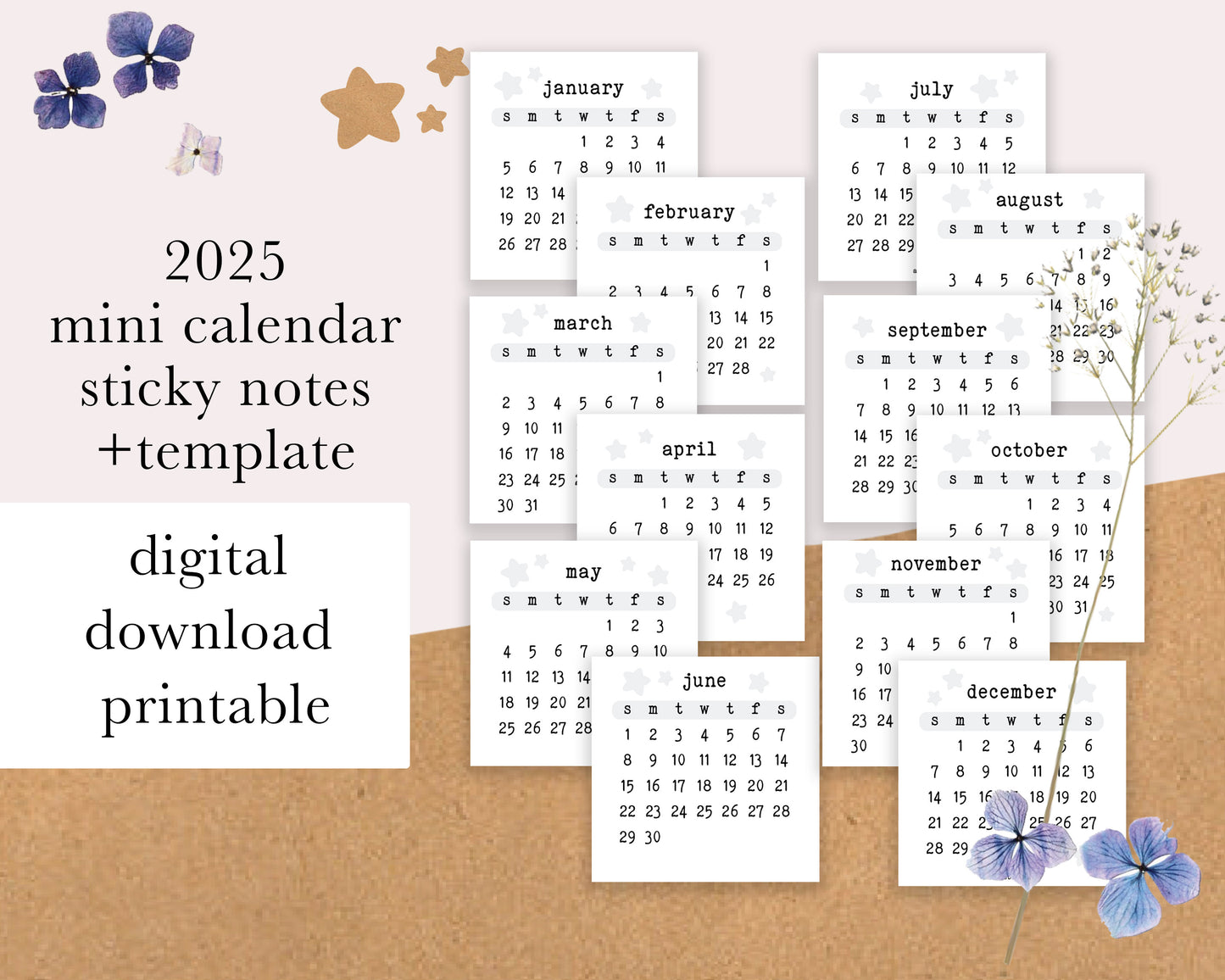 DIGITAL DOWNLOAD 2025 Calendar Sunday Start Grey Stars | Sticky Notes with Template