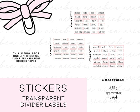 TRANSPARENT Divider Labels Mini Sheet Planner Stickers